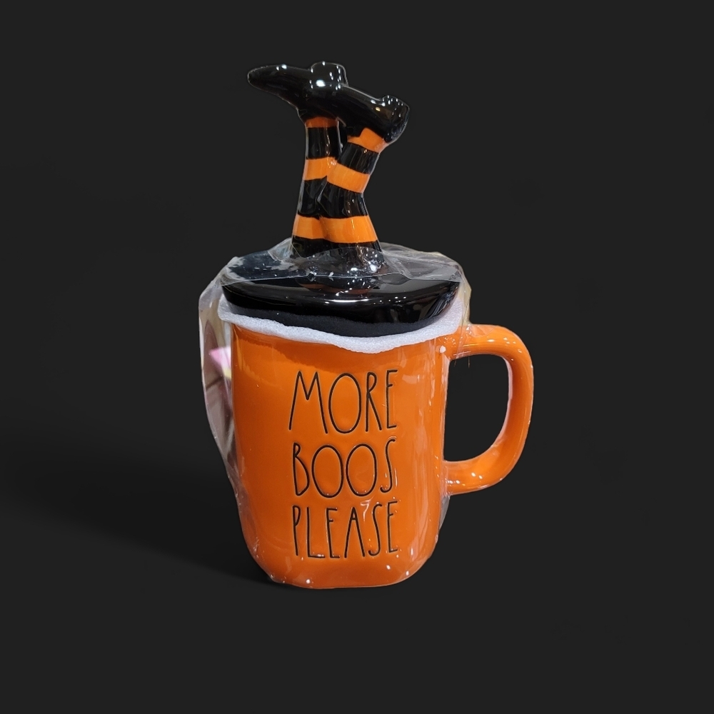 HALLOWEEN Rae Dunn "More Boos Please" Orange Mug With Witch's Legs Topper• Rae